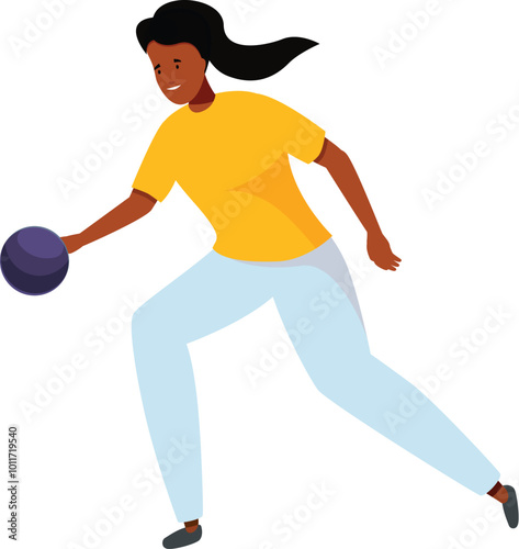 Young woman is enjoying a game of bowling, throwing a heavy black ball down the lane
