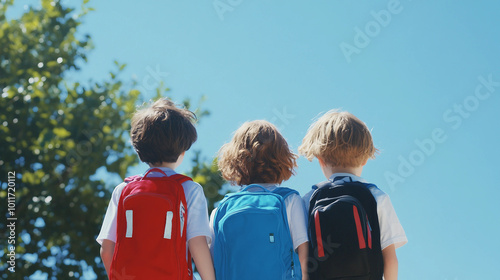 Kids with Colorful Backpacks Enjoying a Bright Day Outdoors