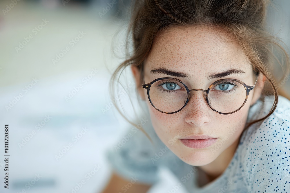 Close-up portrait of a young woman with glasses looking thoughtfully Close-up portrait of a young woman with glasses looking thoughtfully