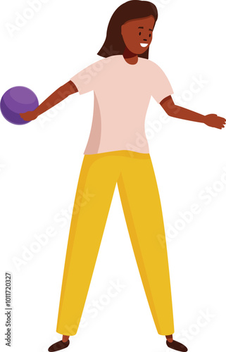 Young woman is throwing a ball with a smile on her face