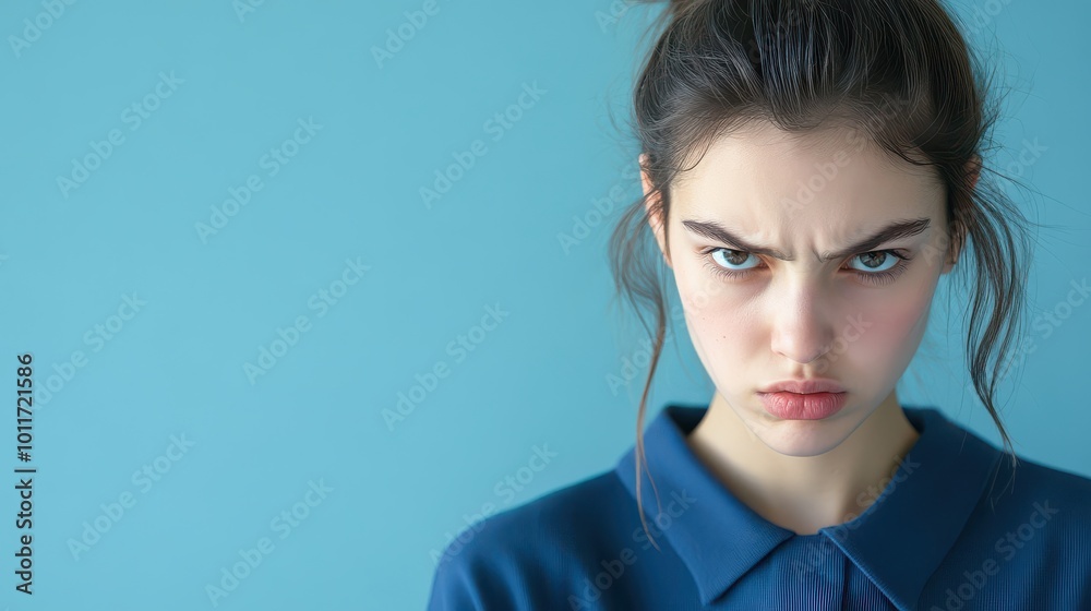Fototapeta premium Portrait of a young woman with a serious expression, isolated on a blue background, space for text