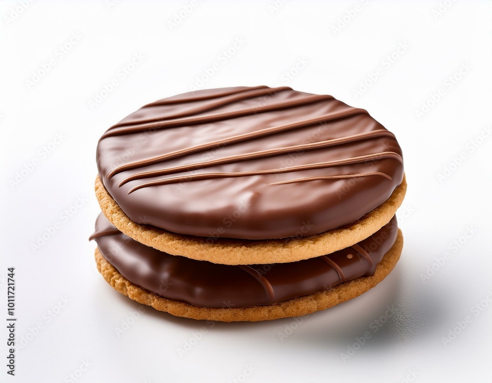 Isolated on a clean white background, making the details of the chocolate coating and the biscuit underneath stand out. Isolated on a clean white background, making the details of the chocolate coating and the biscuit underneath stand out.