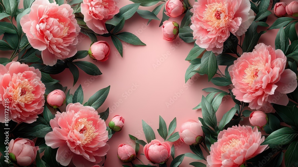 aesthetic mockup template showcasing a wreath of soft pink peonies surrounding a blank square sheet on a serene pink backdrop ideal for valentines day or mothers day greetings aesthetic mockup template showcasing a wreath of soft pink peonies surrounding a blank square sheet on a serene pink backdrop ideal for valentines day or mothers day greetings