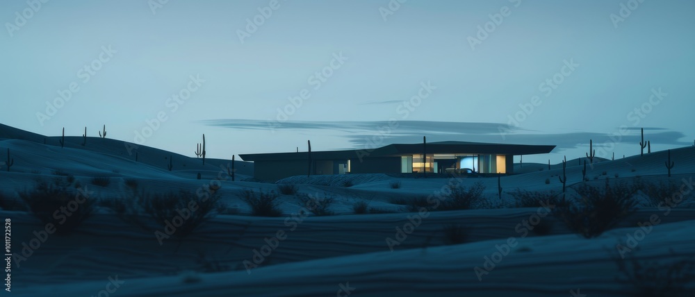 A solitary modern house with a warm glow stands quietly in a vast, moonlit desert landscape, surrounded by cacti and low shrubs. A solitary modern house with a warm glow stands quietly in a vast, moonlit desert landscape, surrounded by cacti and low shrubs.