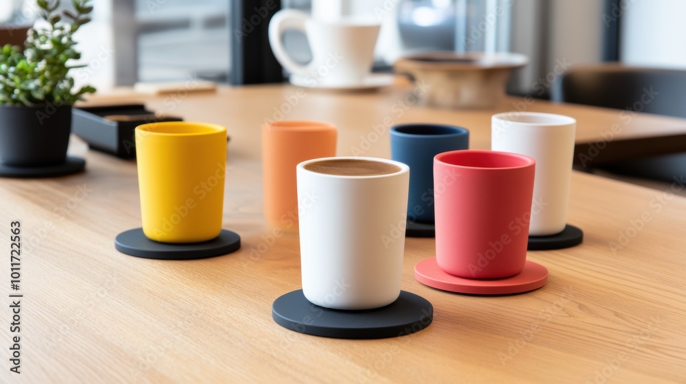 Colorful Cups on Table in Modern Cafe Setting Colorful Cups on Table in Modern Cafe Setting