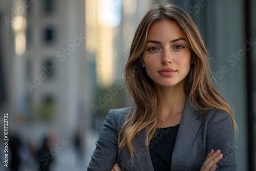 Serious career motivated successful female business professional standing proud and confident near downtown financial buildings, Generative AI