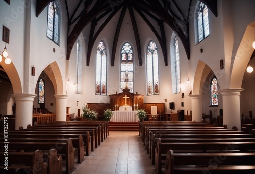 Brightly lit church interior with wooden pews and altar