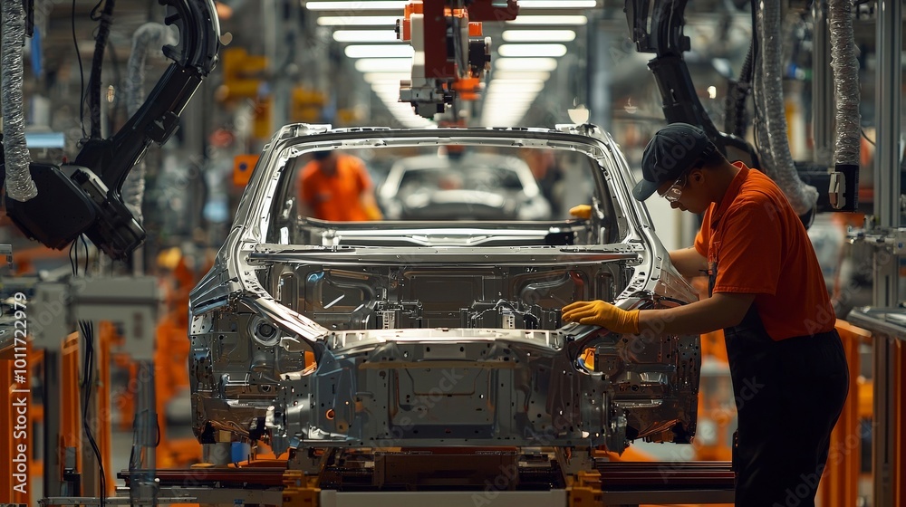 A worker inspecting a car's chassis on the assembly line, surrounded by state-of-the-art machinery and robotic systems A worker inspecting a car's chassis on the assembly line, surrounded by state-of-the-art machinery and robotic systems