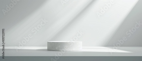 Wallpaper Mural A minimalist, round pedestal bathed in soft sunlight in a clean, white space, creating a serene and modern aesthetic. Torontodigital.ca