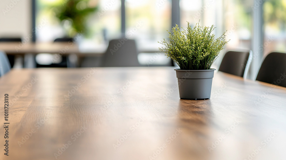 Fototapeta premium A Small Potted Plant on a Wooden Table in a Bright Modern Office