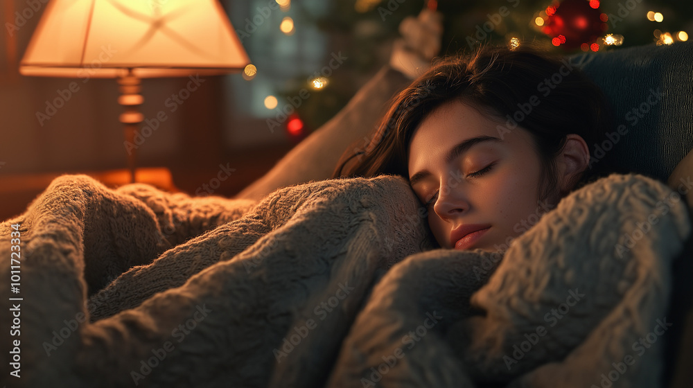 Young woman sleeping on couch under blanket with Christmas lights Young woman sleeping on couch under blanket with Christmas lights