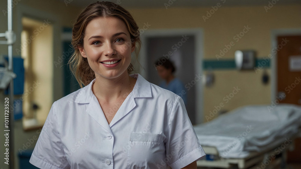 Cheerful female doctor in white coat smiling in hospital ward, medical staff in background Cheerful female doctor in white coat smiling in hospital ward, medical staff in background
