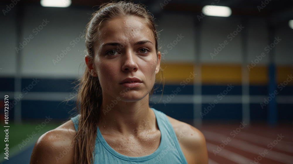 Determined female athlete after intense workout, sweat-drenched portrait in sports arena Determined female athlete after intense workout, sweat-drenched portrait in sports arena