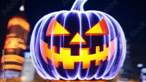 Wallpaper Mural Horizontal video, Halloween, futuristic city, neon night lights, giant Jack-o'-lantern pumpkin Torontodigital.ca