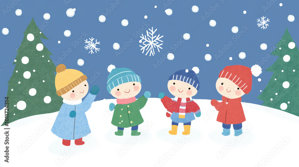 Happy Children Playing in the Snow on a Winter Day Happy Children Playing in the Snow on a Winter Day