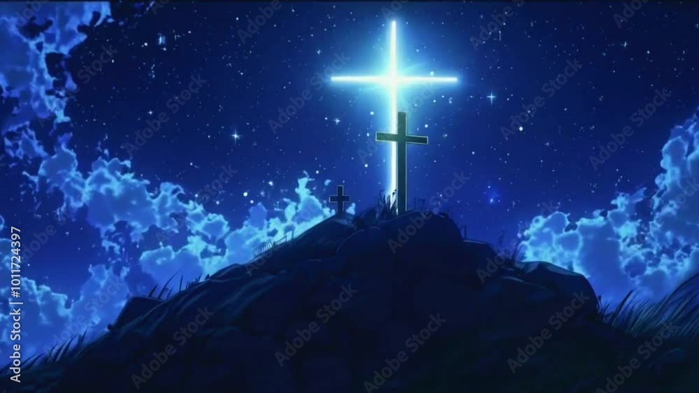 Jesus' tomb glows softly, gradually brighter as clouds and stars swirl above the hill three crosses. gently clouds majestic night sky, 4k Hand-drawn anime-style religious Background Animation Video Jesus' tomb glows softly, gradually brighter as clouds and stars swirl above the hill three crosses. gently clouds majestic night sky, 4k Hand-drawn anime-style religious Background Animation Video