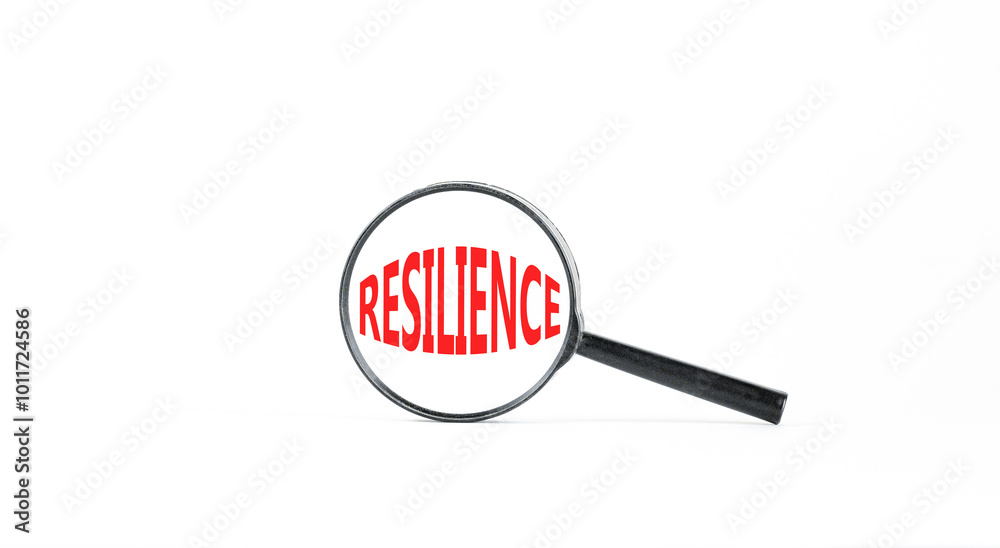 Resilience symbol. Concept word Resilience in beautiful magnifying glass. Beautiful white paper background. Business resilience concept. Copy space. Resilience symbol. Concept word Resilience in beautiful magnifying glass. Beautiful white paper background. Business resilience concept. Copy space.