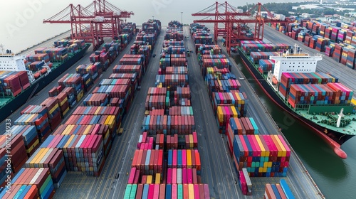 Large ship is docked at a busy port with many other ships and containers. The scene is bustling with activity and the colors of the containers and the ship create a vibrant and lively atmosphere