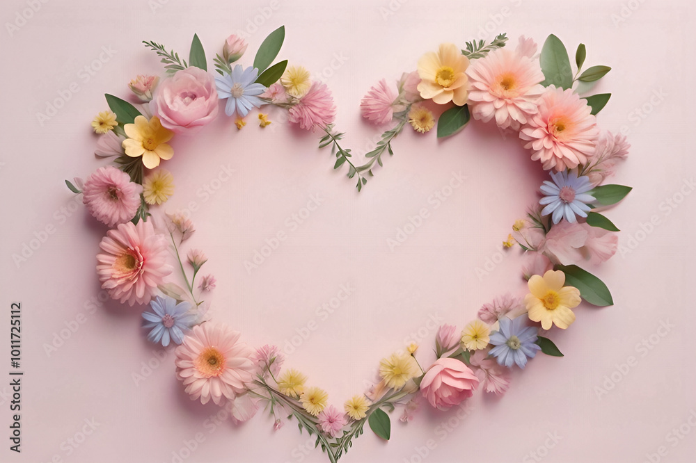Creative Spring frame in heart shape made of fresh pastel flowers and leaves. Copy space. Soft pastel background, flat lay. Floral love decoration. Illustration, Generative AI Creative Spring frame in heart shape made of fresh pastel flowers and leaves. Copy space. Soft pastel background, flat lay. Floral love decoration. Illustration, Generative AI