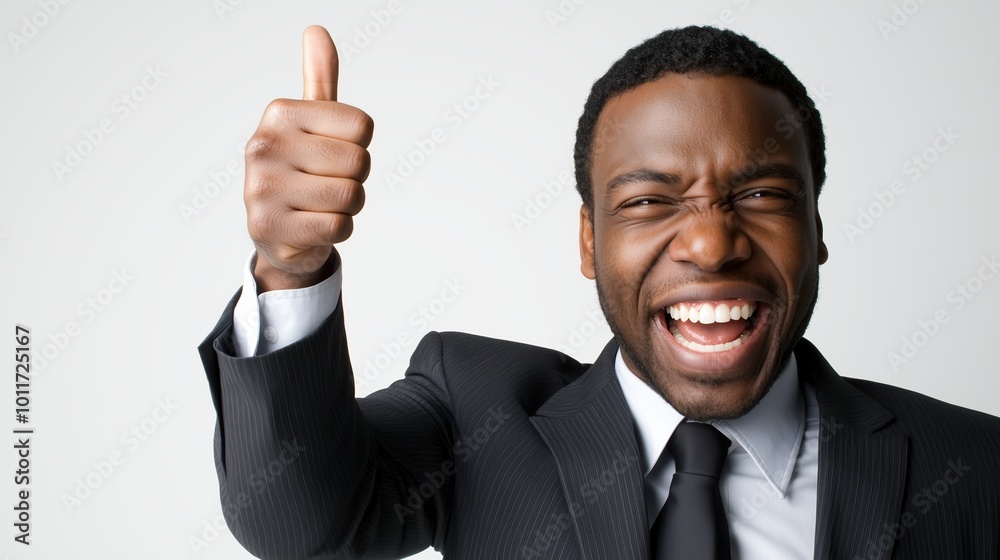 Man in a suit is giving a thumbs up and laughing. Concept of positivity and happiness Man in a suit is giving a thumbs up and laughing. Concept of positivity and happiness