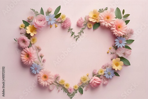 Creative Spring frame in heart shape made of fresh pastel flowers and leaves. Copy space. Soft pastel background, flat lay. Floral love decoration. Illustration, Generative AI