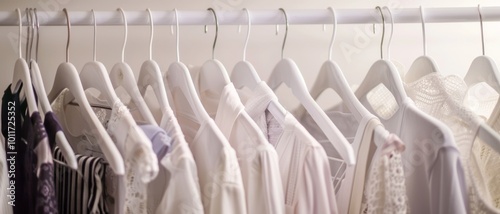 A neat row of white garments hanging on white hangers in a brightly lit closet, organized and pristine, conveying a sense of minimalism and cleanliness. photo