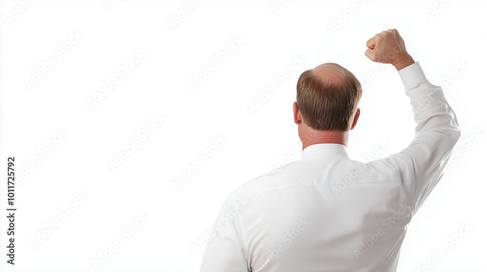 Bald man with a white shirt and a fist raised in the air. The man is looking up and he is in a good mood Bald man with a white shirt and a fist raised in the air. The man is looking up and he is in a good mood