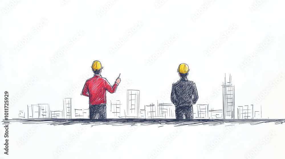 Two architects in hard hats discuss their vision for a new city. Two architects in hard hats discuss their vision for a new city.