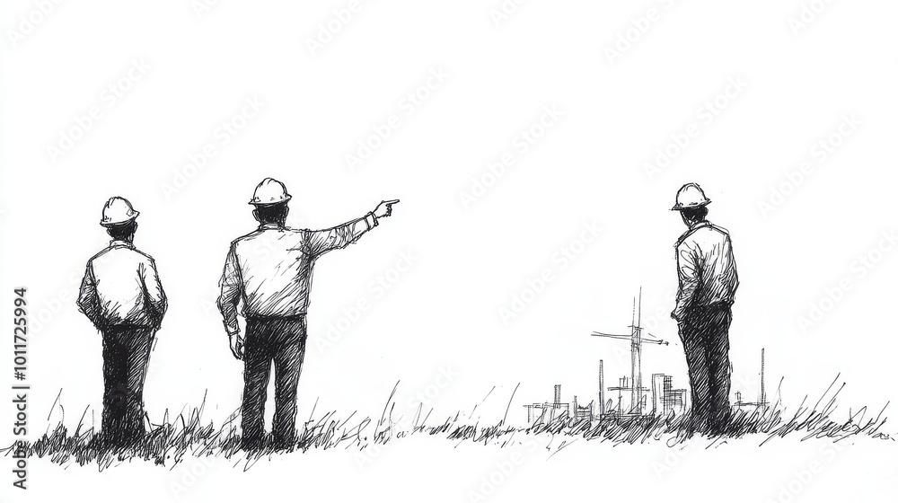 Three construction workers stand looking at a building site. Three construction workers stand looking at a building site.