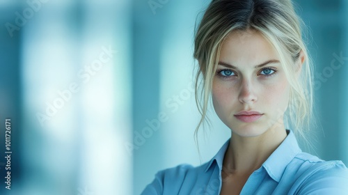 Portrait of a young businesswoman with blonde hair and a serious expression in a corporate office setting