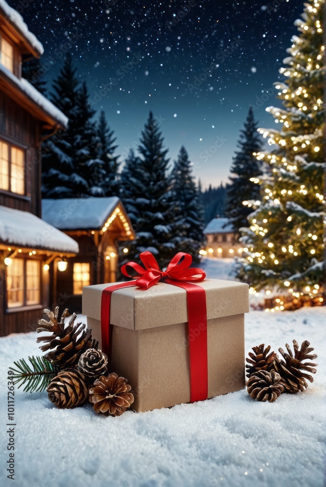 Christmas gift box fir branches and pine cones on snow with christmas lights christmas background Ultra realistic Photorealistic picturesque scenery Christmas gift box fir branches and pine cones on snow with christmas lights christmas background Ultra realistic Photorealistic picturesque scenery