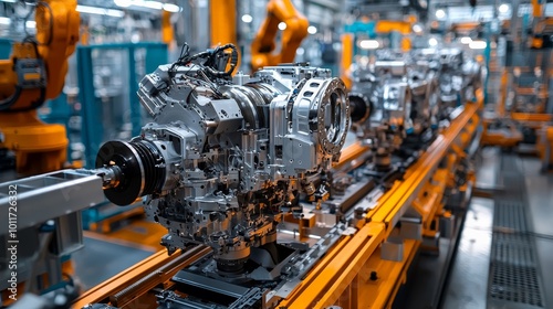 An automotive engine being assembled on a conveyor belt, robotic systems aiding in the precise placement of components