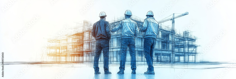 Three construction workers discuss plans for a new building. Three construction workers discuss plans for a new building.