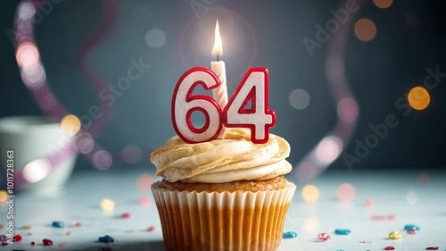 Birthday cupcake with burning lit candle with number 64. Number sixty-four for sixty-four years or sixty-fourth anniversary. photo