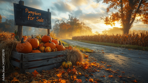 Pumpkins for Sale Display at Sunrise on Country Road in Fall

