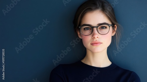 Portrait of a young woman in glasses leaning against a dark blue wall, looking calmly at the camera