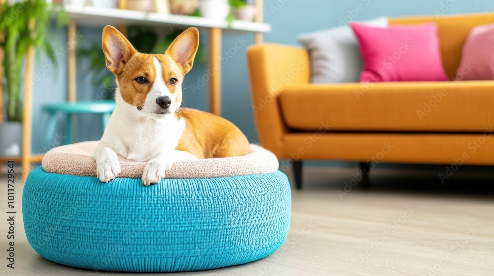 Adorable Dog Resting on Cozy Pet Bed at Home Adorable Dog Resting on Cozy Pet Bed at Home
