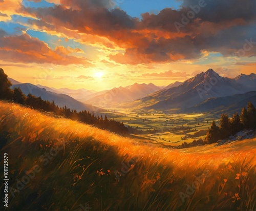 Landscape drawing, nature illustration, AI generated art 