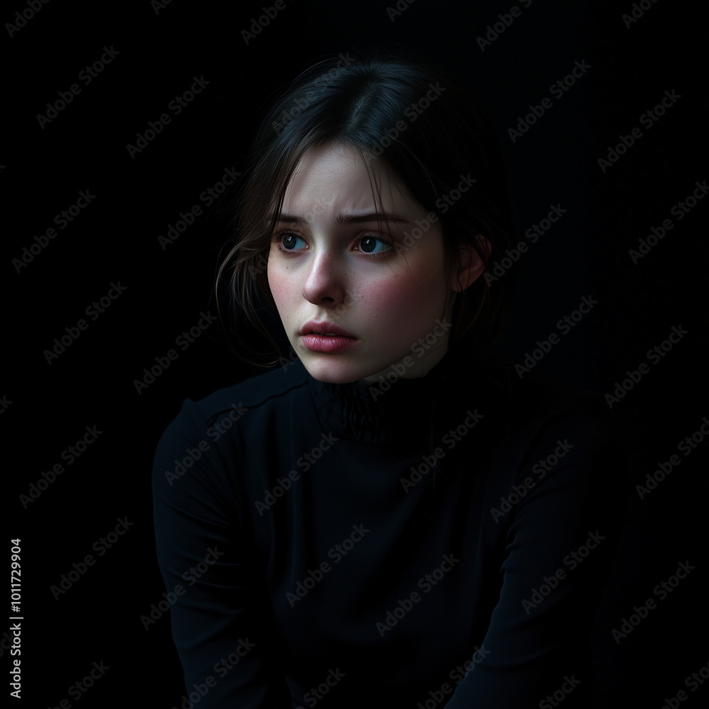 A close-up portrait of a young woman dressed in black, with a thoughtful expression, set against a dark backdrop that enhances the focus on her expressive face. A close-up portrait of a young woman dressed in black, with a thoughtful expression, set against a dark backdrop that enhances the focus on her expressive face.