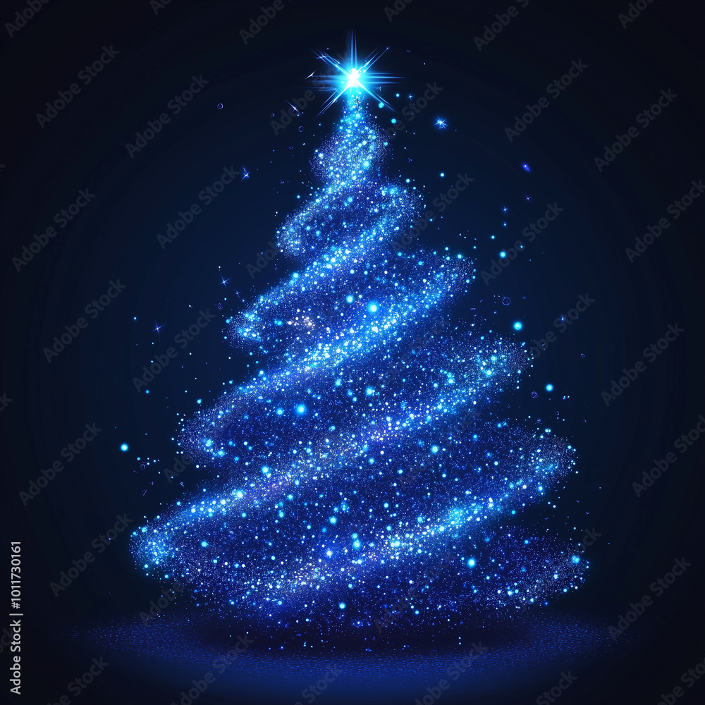 A spiraling Christmas tree made of blue sparkling particles with a bright star, symbolizing festive joy and modern holiday celebrations in digital art. A spiraling Christmas tree made of blue sparkling particles with a bright star, symbolizing festive joy and modern holiday celebrations in digital art.