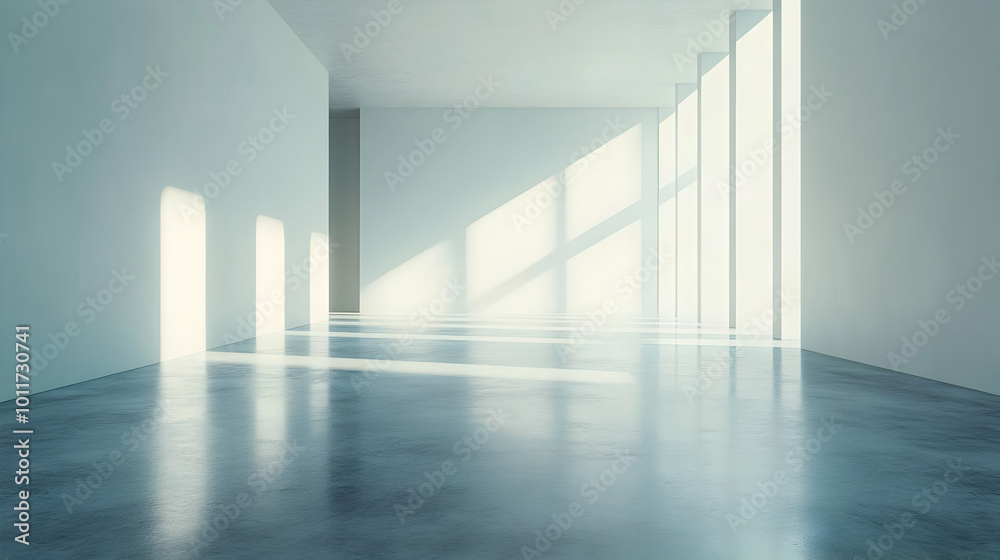 Empty White Room with Sunlight Through Windows - 3D Illustration Empty White Room with Sunlight Through Windows - 3D Illustration
