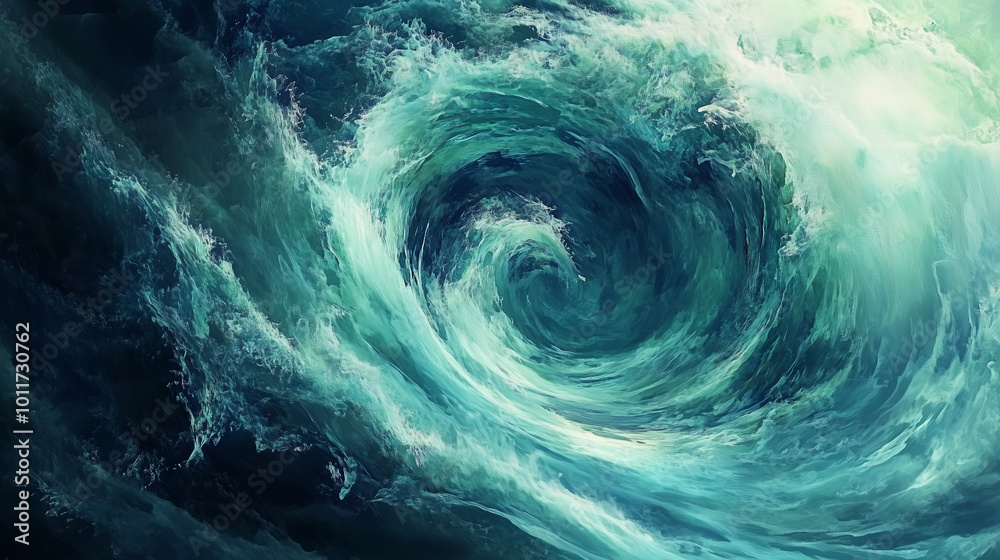 Dynamic visualization of turbulent ocean waves spiraling into a central point, with vivid aqua and teal hues representing energy, chaos, and nature's power. Dynamic visualization of turbulent ocean waves spiraling into a central point, with vivid aqua and teal hues representing energy, chaos, and nature's power.
