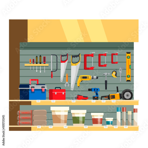 Hardware shop interior design display elements. Stand with toolkits, saws, hammers, screwdrivers, boxes vector illustration. Tools and materials assortment for renovation.