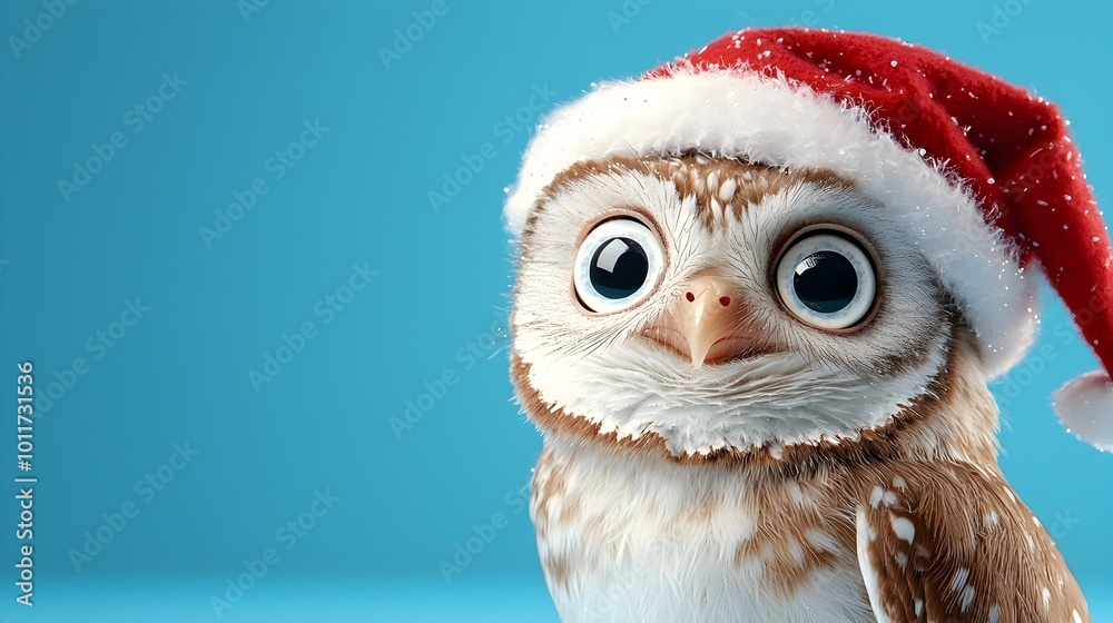 Obraz premium Festive Owl in Christmas Hat on Pastel Blue Background for Banner or Postcard Template