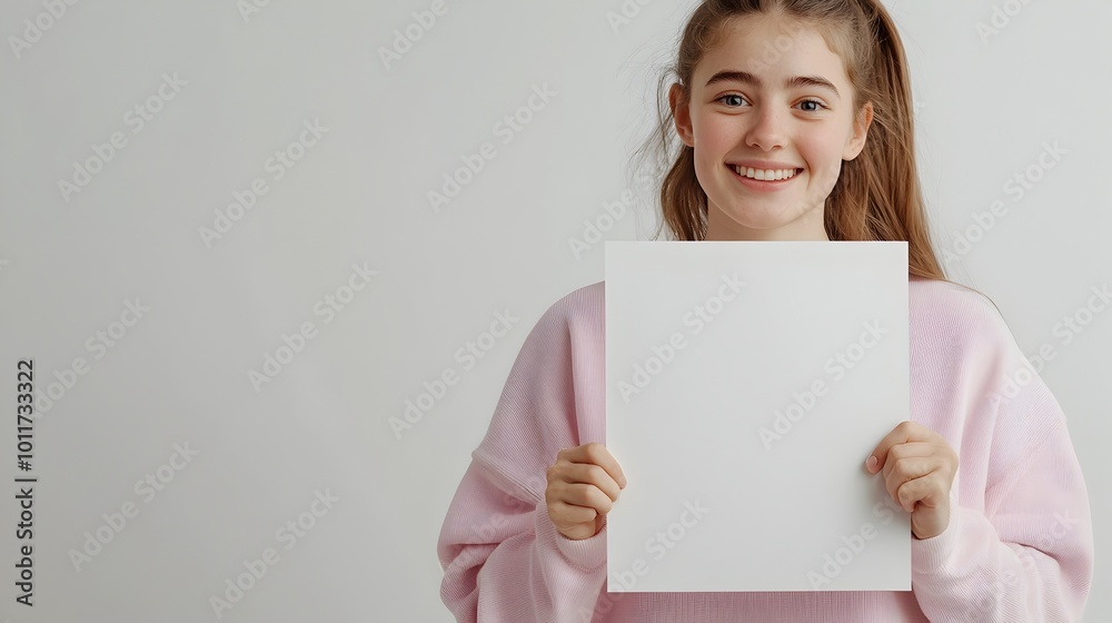 Smiling Norwegian Woman Holding Blank Paper Sheet on White Background Smiling Norwegian Woman Holding Blank Paper Sheet on White Background