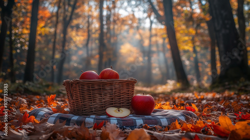 asket of Fresh Apples in Leaf-Covered Autumn Forest photo