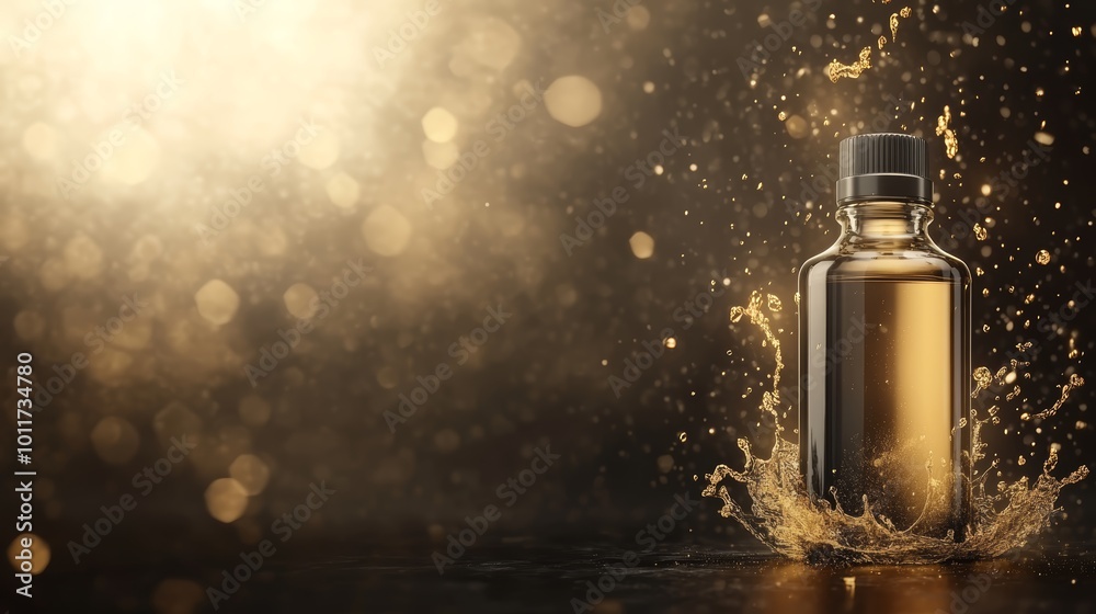 Golden Liquid Splash with Glass Bottle Mockup Golden Liquid Splash with Glass Bottle Mockup