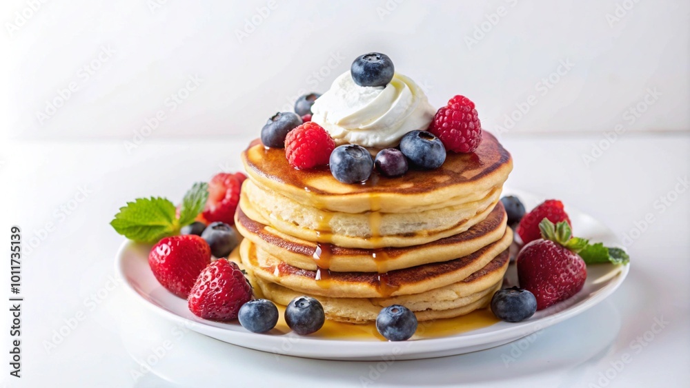A stack of fluffy pancakes topped with whipped cream, blueberries, raspberries, and drizzled with honey. A stack of fluffy pancakes topped with whipped cream, blueberries, raspberries, and drizzled with honey.