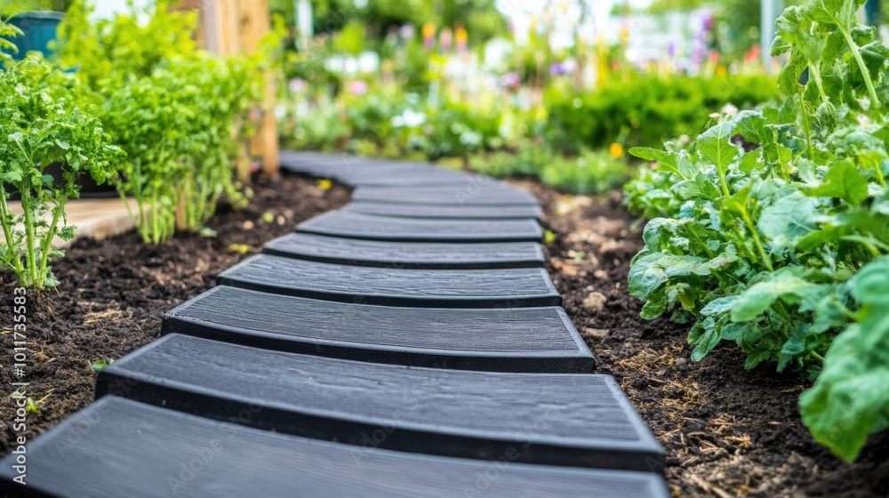 Serene Garden Path with Vibrant Greenery and Flowers Serene Garden Path with Vibrant Greenery and Flowers