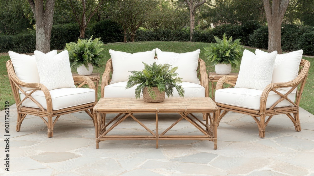 Fototapeta premium Rattan Patio Furniture Set with White Cushions and Ferns